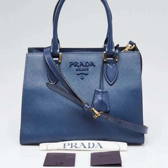 Prada Bluette Saffiano and Soft Calfskin Leather Small Monochrome Tote Bag 1B - Picture 10 of 10